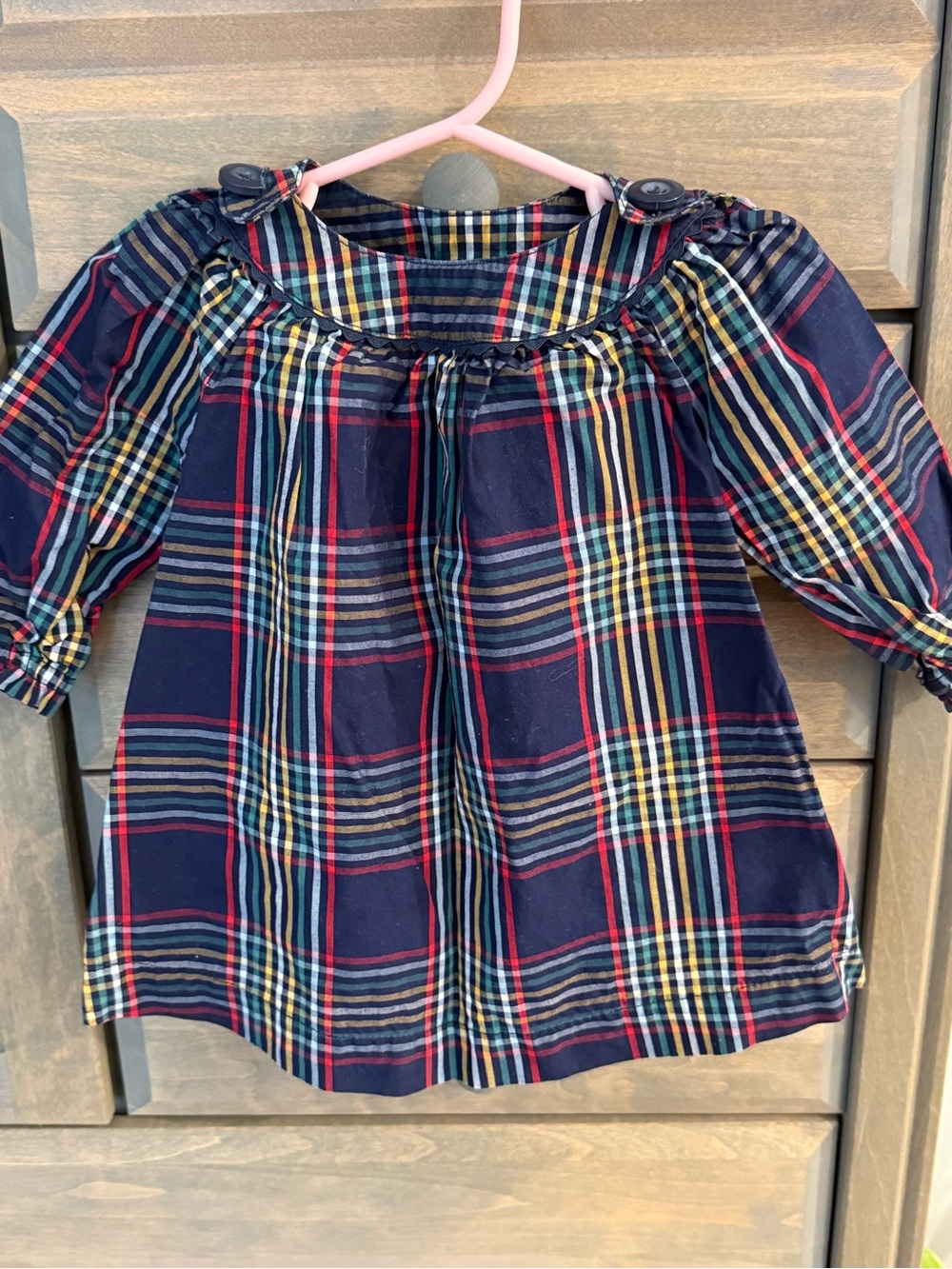Girls Navy Plaid Button-Shoulder Dress